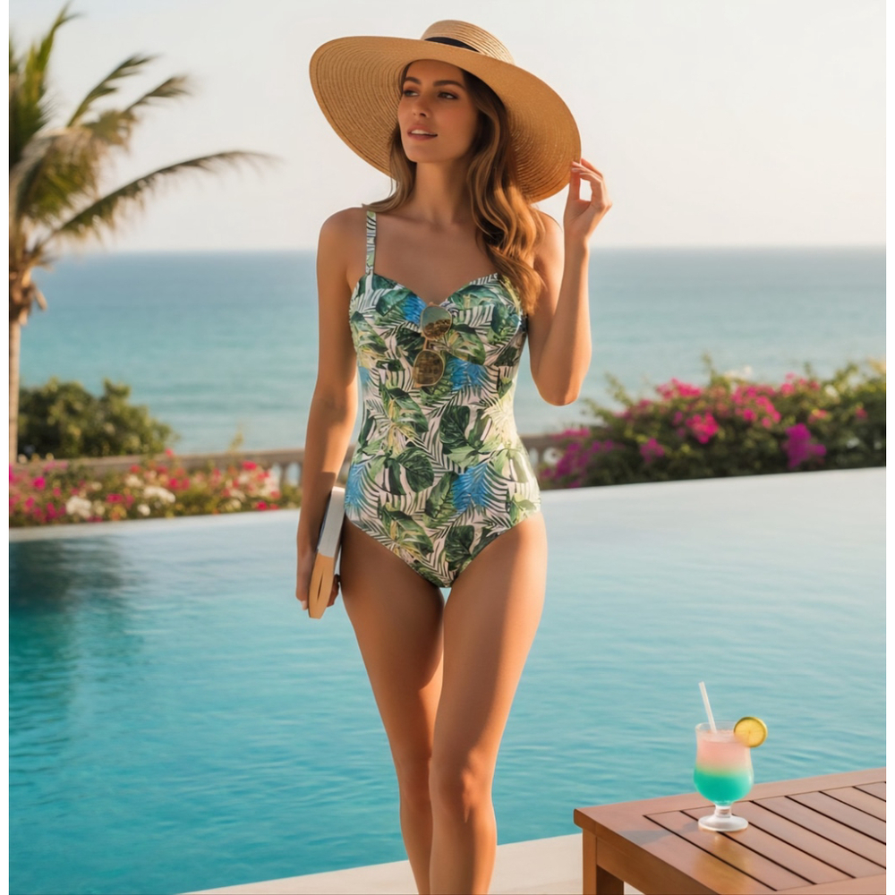Tahari One piece Swimsuit Bathing Suit Convertible Strapless MEDIUM Green Palm